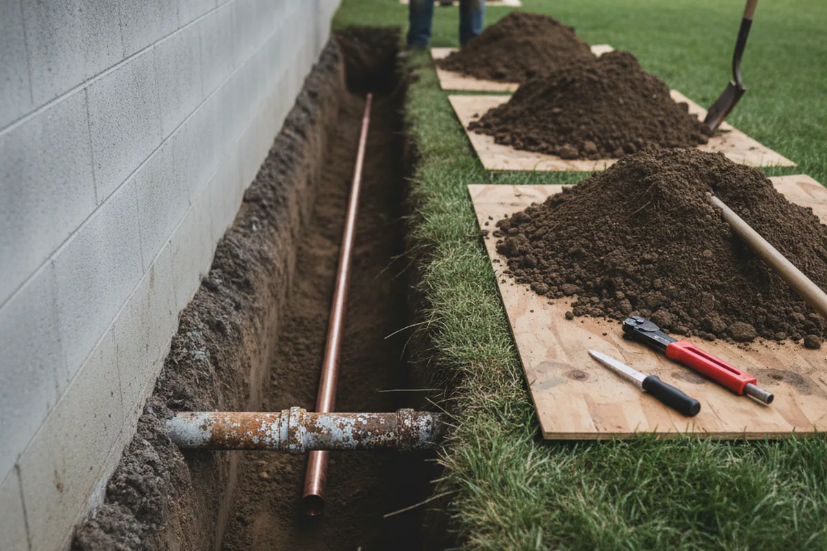 Excavated water line trench during Sewer Line Repair in Edwards